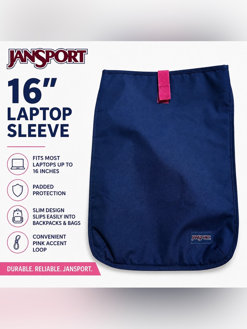 JanSport 16” Laptop Sleeve Navy Blue Protective Padded Case Pink Accent